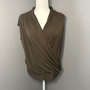 New York & Company Womens Blouse Sleeveless Crossover Faux Wrap Brown Large